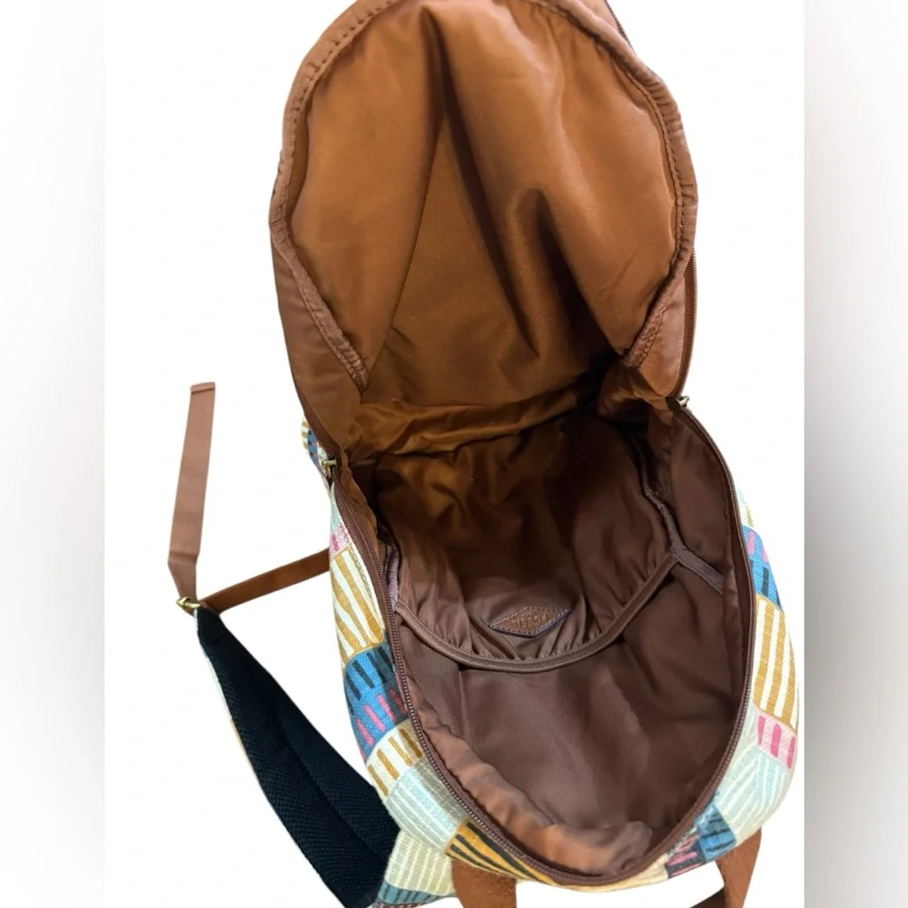 Fossil Multicolor Canvas Backpack‎ Teal Blue Front Pocket Boho Retro Style